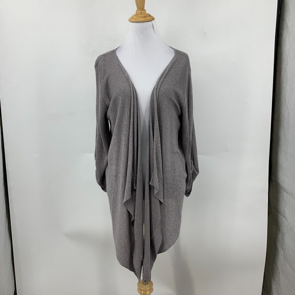 Apt. 9 Asymmetrical Cardigan Women L Large Silver Metallic Open Front Tab Sleeve - Picture 2 of 14